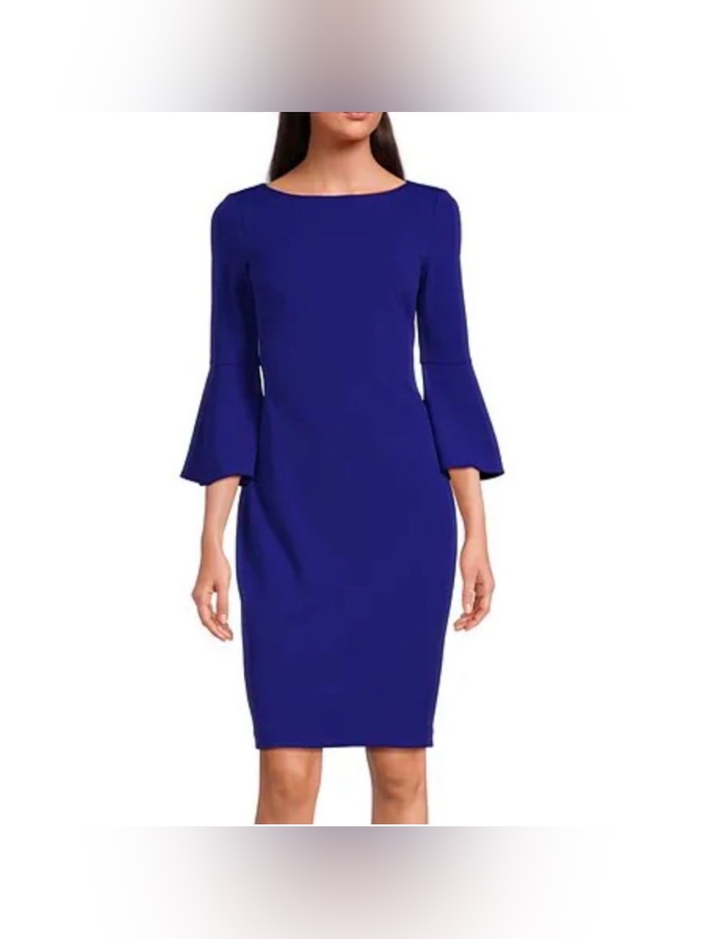 Calvin Klein Blue Bell Sleeves Timeless Sheath Boat Neck Gold Zip Dress Size 6